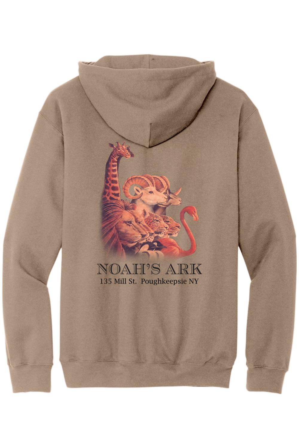 Tan midweight hoodie featuring a Noah's Ark animal graphic and text on the back.