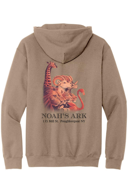 Tan midweight hoodie featuring a Noah's Ark animal graphic and text on the back.