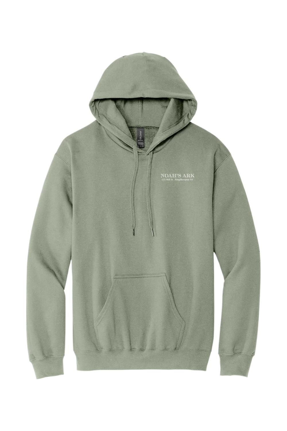Sage green midweight pullover hoodie featuring a white Noah's Ark logo crest on the chest and a front kangaroo pocket.