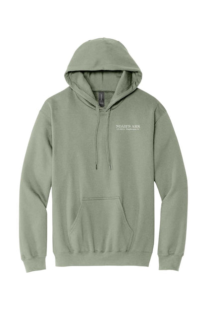 Sage green midweight pullover hoodie featuring a white Noah's Ark logo crest on the chest and a front kangaroo pocket.