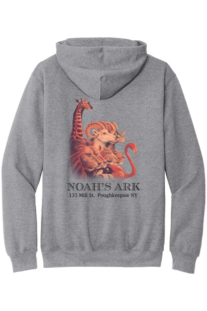 Sport grey midweight hoodie featuring a colorful Noah's Ark animal crest graphic on the back.