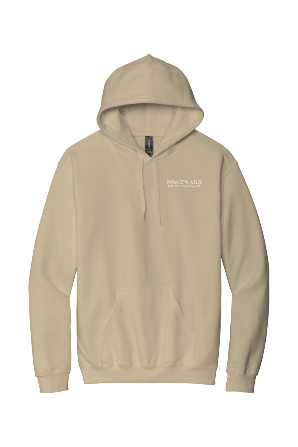 Tan midweight hoodie featuring a white Noah's Ark logo crest on the chest and a cozy, breathable cotton-blend fabric.