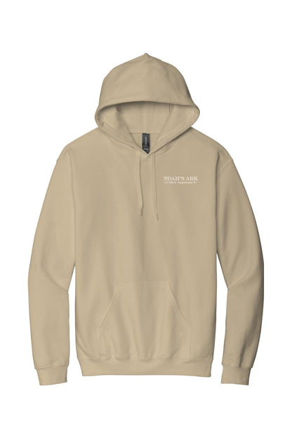Tan midweight hoodie featuring a white Noah's Ark logo crest on the chest and a cozy, breathable cotton-blend fabric.