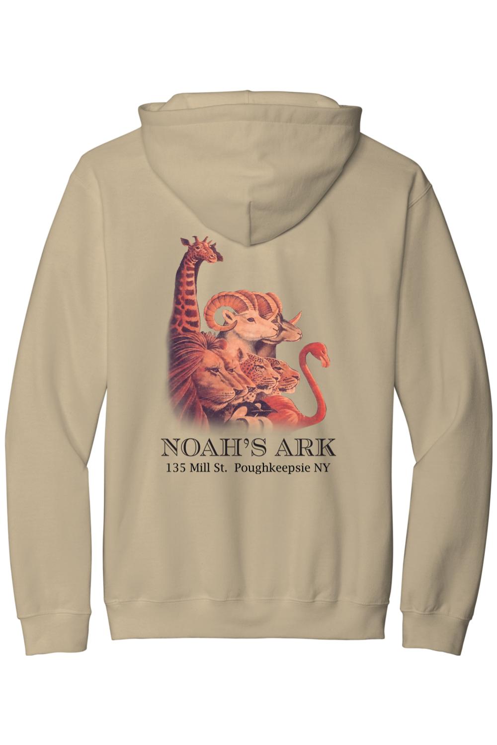 Tan midweight hoodie featuring a Noah's Ark animal graphic on the back with a giraffe, ram, lion, and flamingo.