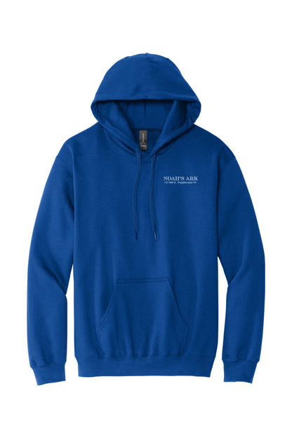 Royal blue midweight hoodie with Noah's Ark logo crest on the chest, featuring a drawstring hood and front pocket.