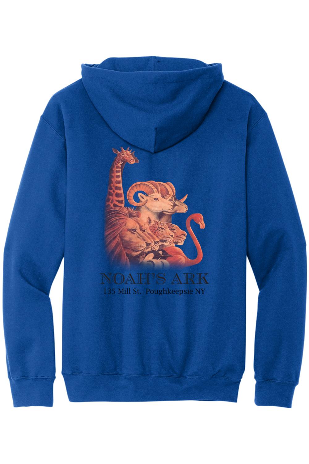 Royal blue midweight hoodie featuring a Noah's Ark animal graphic and text on the back.