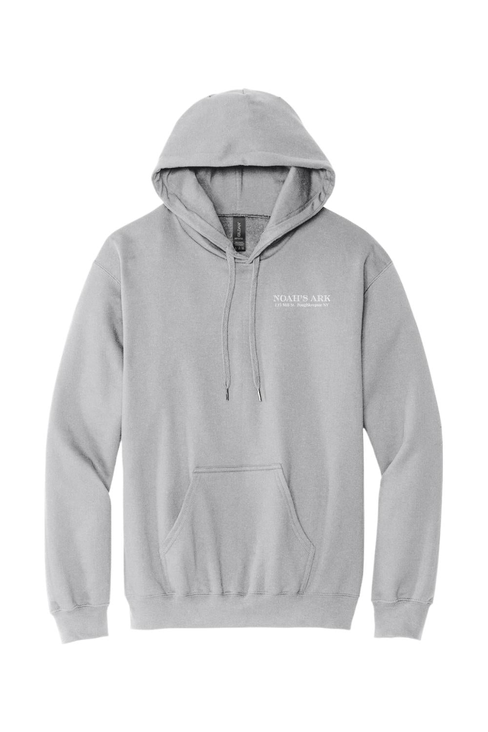 Sport grey midweight hoodie featuring a Noah's Ark logo crest on the chest with a drawstring hood and front pocket.