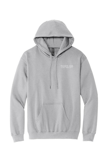 Sport grey midweight hoodie featuring a Noah's Ark logo crest on the chest with a drawstring hood and front pocket.