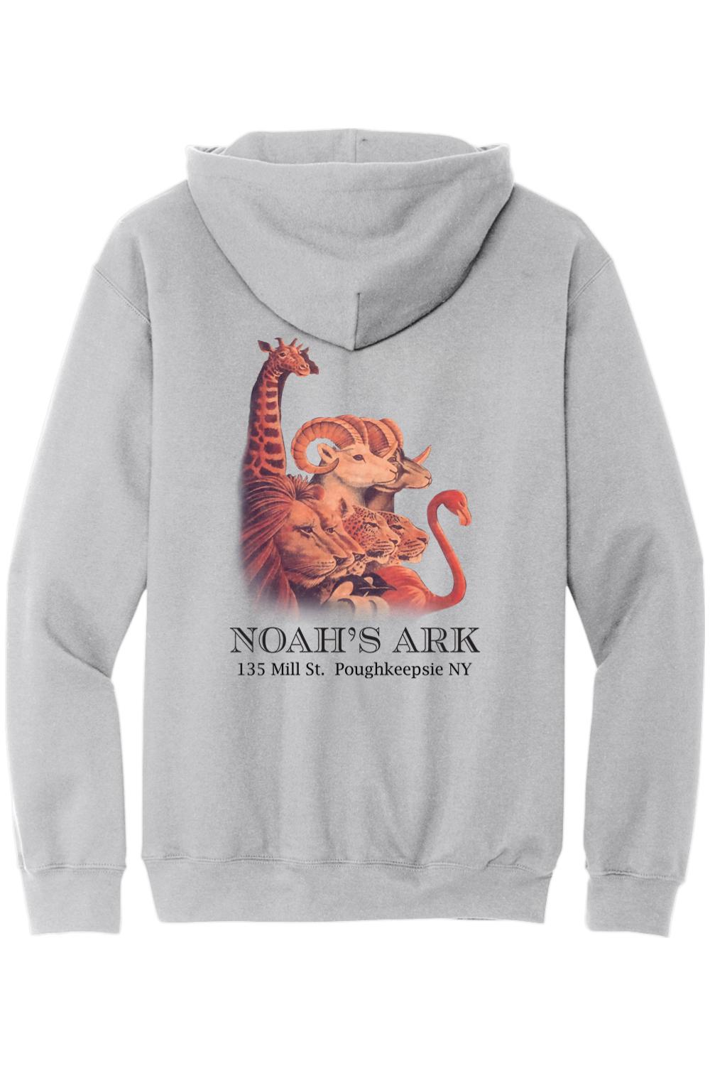 Grey midweight hoodie featuring a colorful Noah's Ark animal crest graphic on the back with text.