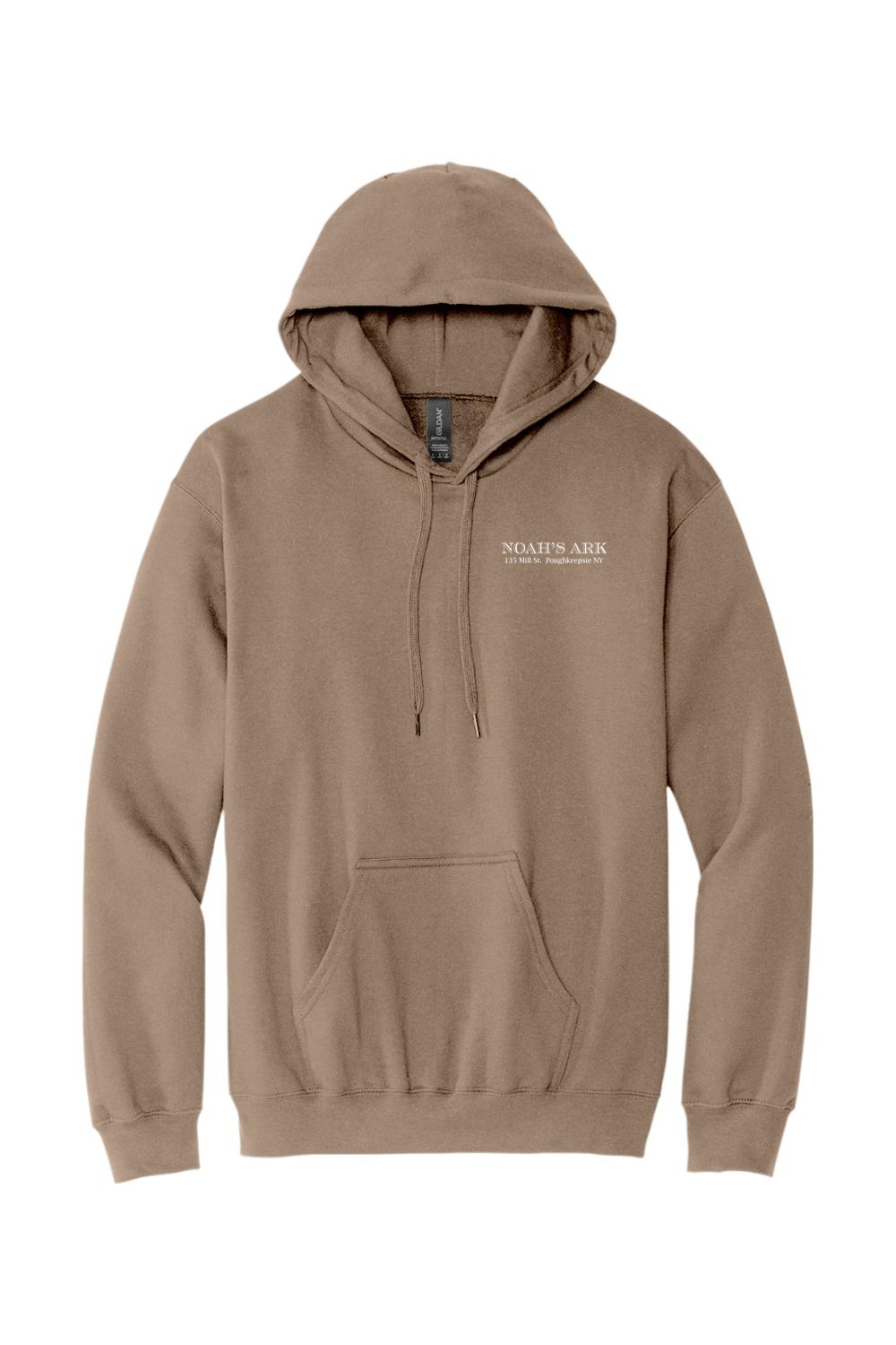 Brown midweight cotton hoodie featuring a white Noah's Ark logo crest on the chest with a front kangaroo pocket.