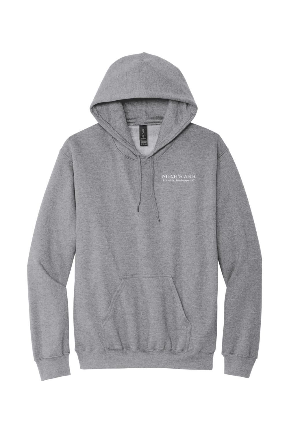 Sport grey midweight cotton-blend hoodie featuring a small Noah's Ark logo crest on the left chest.