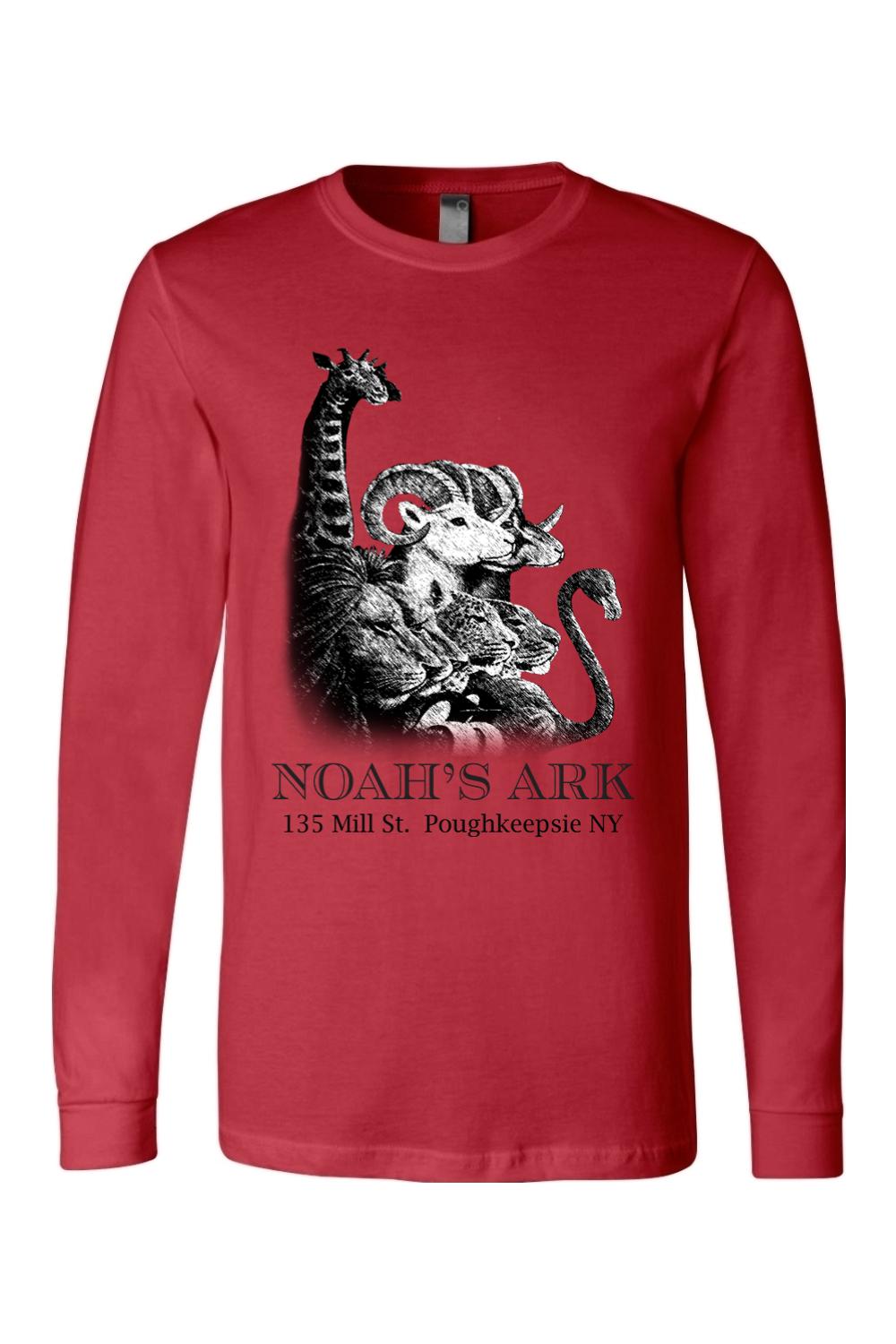Red long-sleeve cotton tee featuring a black-and-white Noah's Ark animal logo and Poughkeepsie NY text.