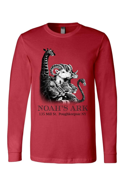 Red long-sleeve cotton tee featuring a black-and-white Noah's Ark animal logo and Poughkeepsie NY text.