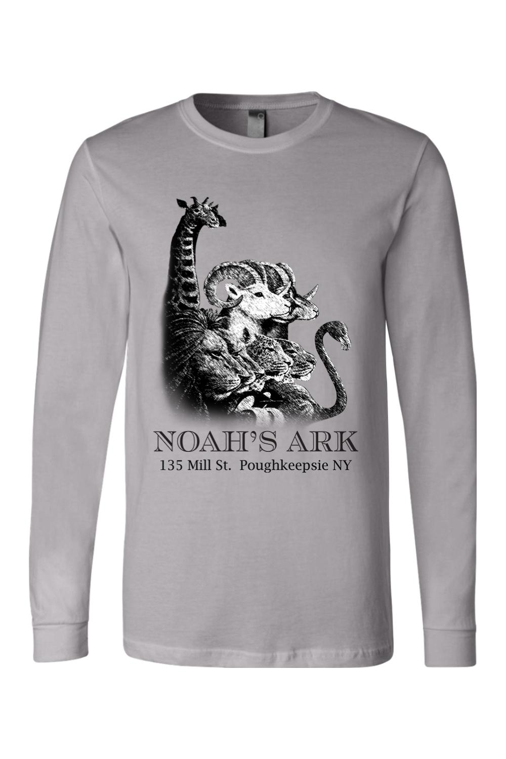 Grey long-sleeve cotton tee featuring a black Noah's Ark animal graphic and Poughkeepsie, NY text logo.