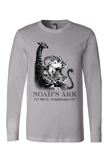 Grey long-sleeve cotton tee featuring a black Noah's Ark animal graphic and Poughkeepsie, NY text logo.