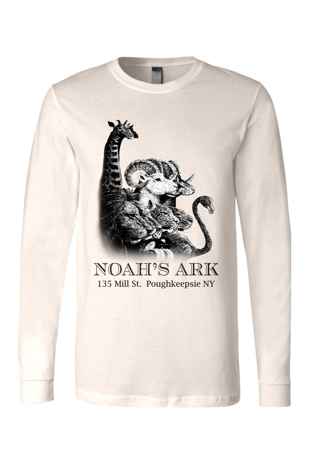 Off-white long sleeve cotton tee featuring a black Noah's Ark animal graphic and Poughkeepsie NY text.