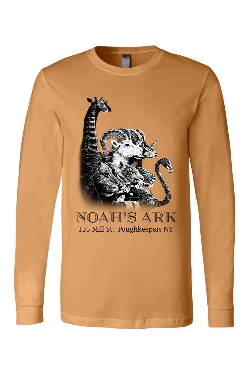 Tan long sleeve cotton tee featuring a black Noah's Ark animal graphic and text on the front.
