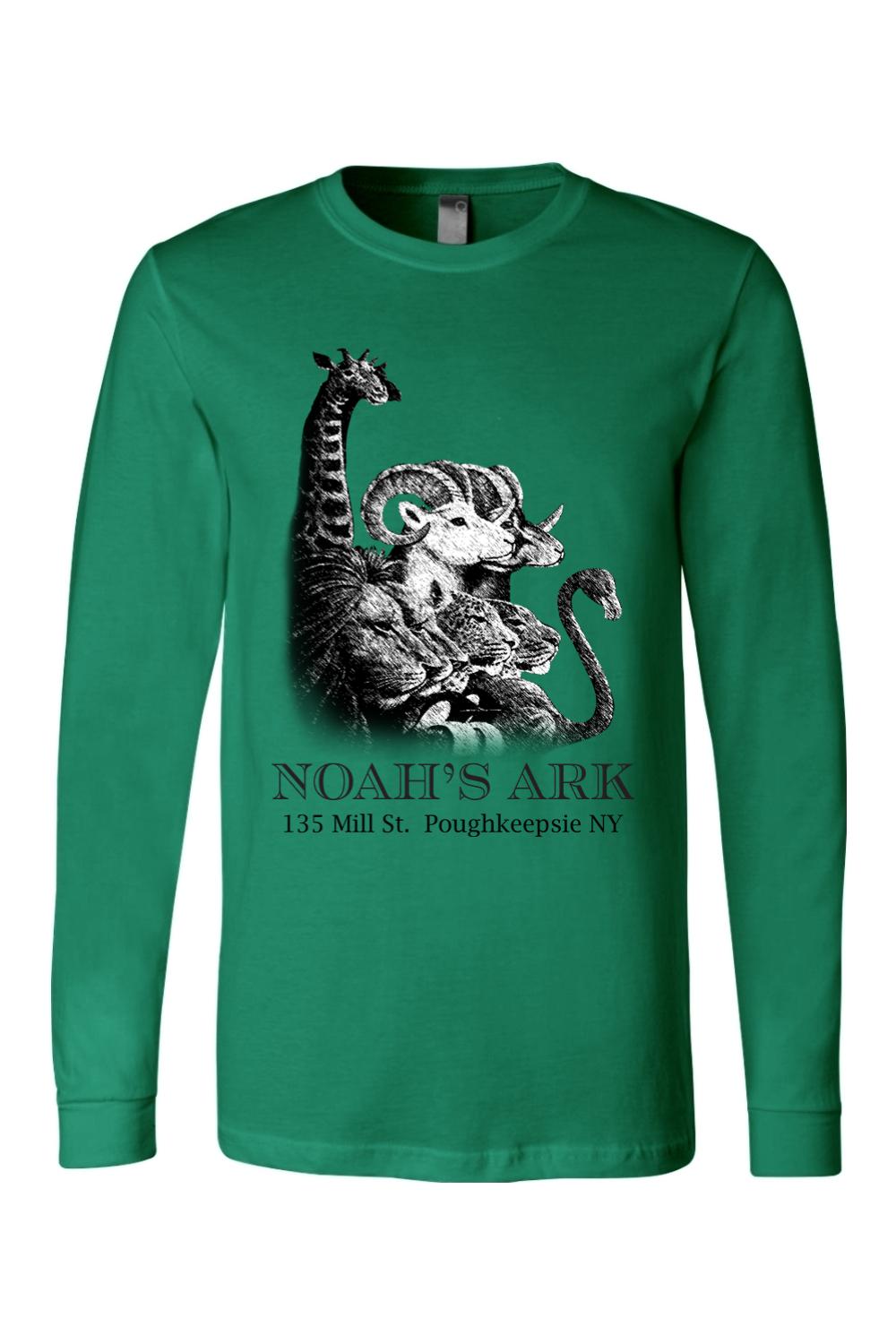 Green long-sleeve cotton crewneck tee featuring a black and white Noah's Ark animal graphic and text on the chest.