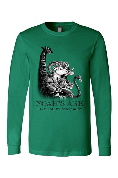 Green long-sleeve cotton crewneck tee featuring a black and white Noah's Ark animal graphic and text on the chest.