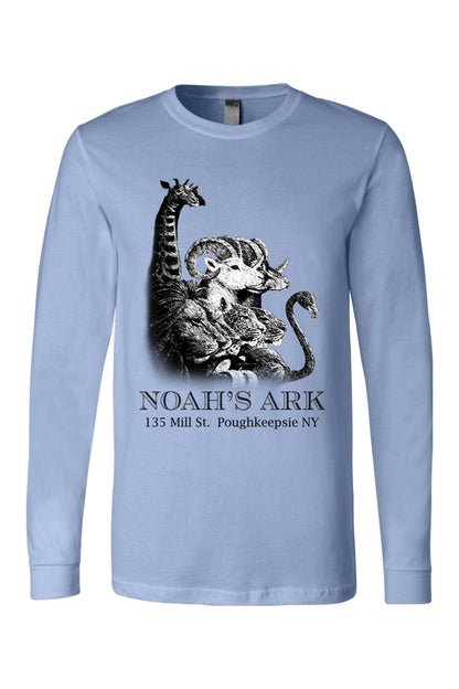 Light blue long-sleeve cotton tee featuring a black Noah's Ark animal graphic and text on the front.