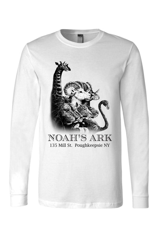 White long-sleeve cotton tee featuring a black Noah's Ark animal graphic and text logo on the front.