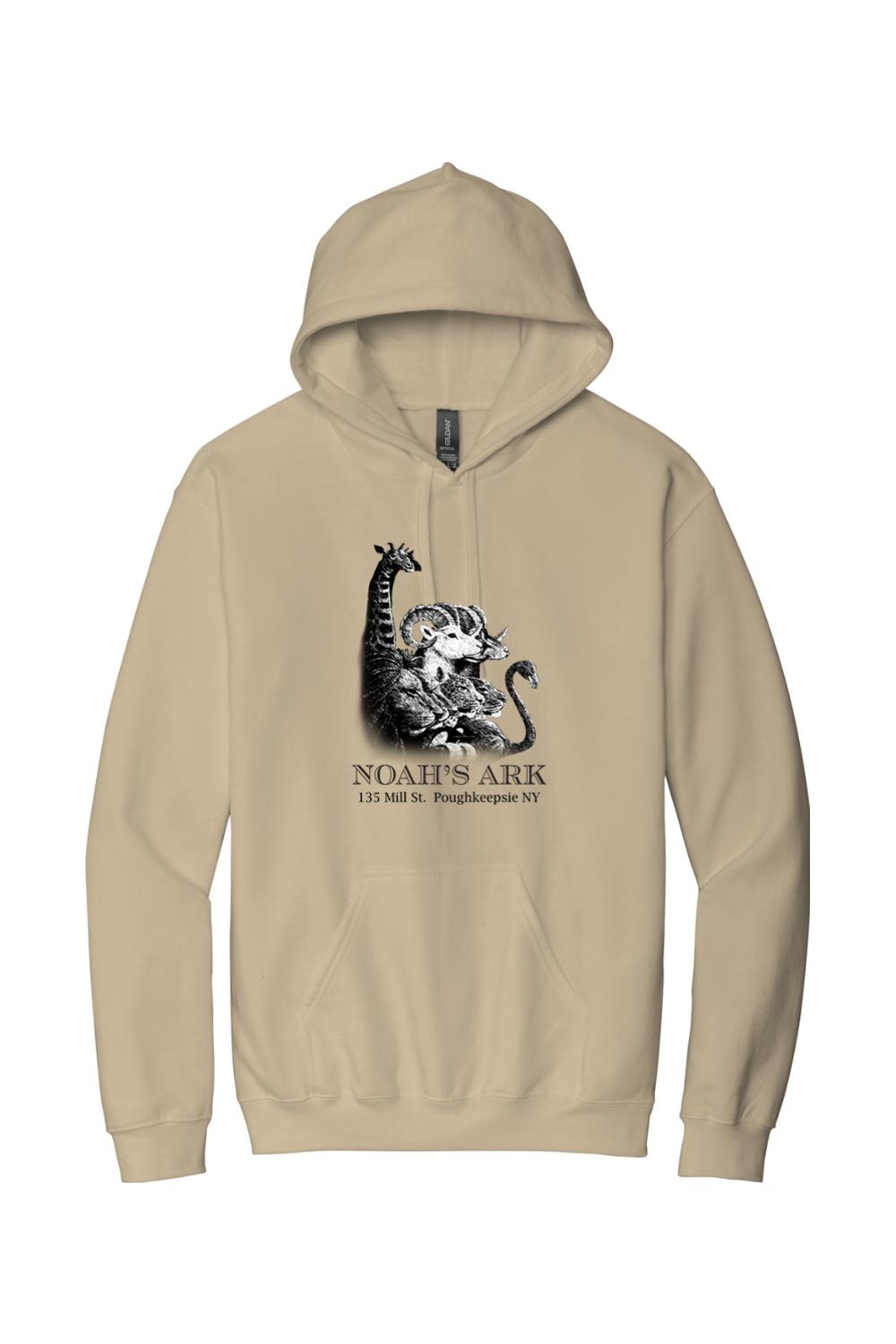 Tan midweight hoodie featuring a black Noah's Ark animal logo graphic and text on the front chest.