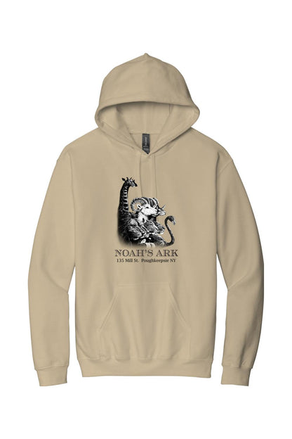 Tan midweight hoodie featuring a black Noah's Ark animal logo graphic and text on the front chest.