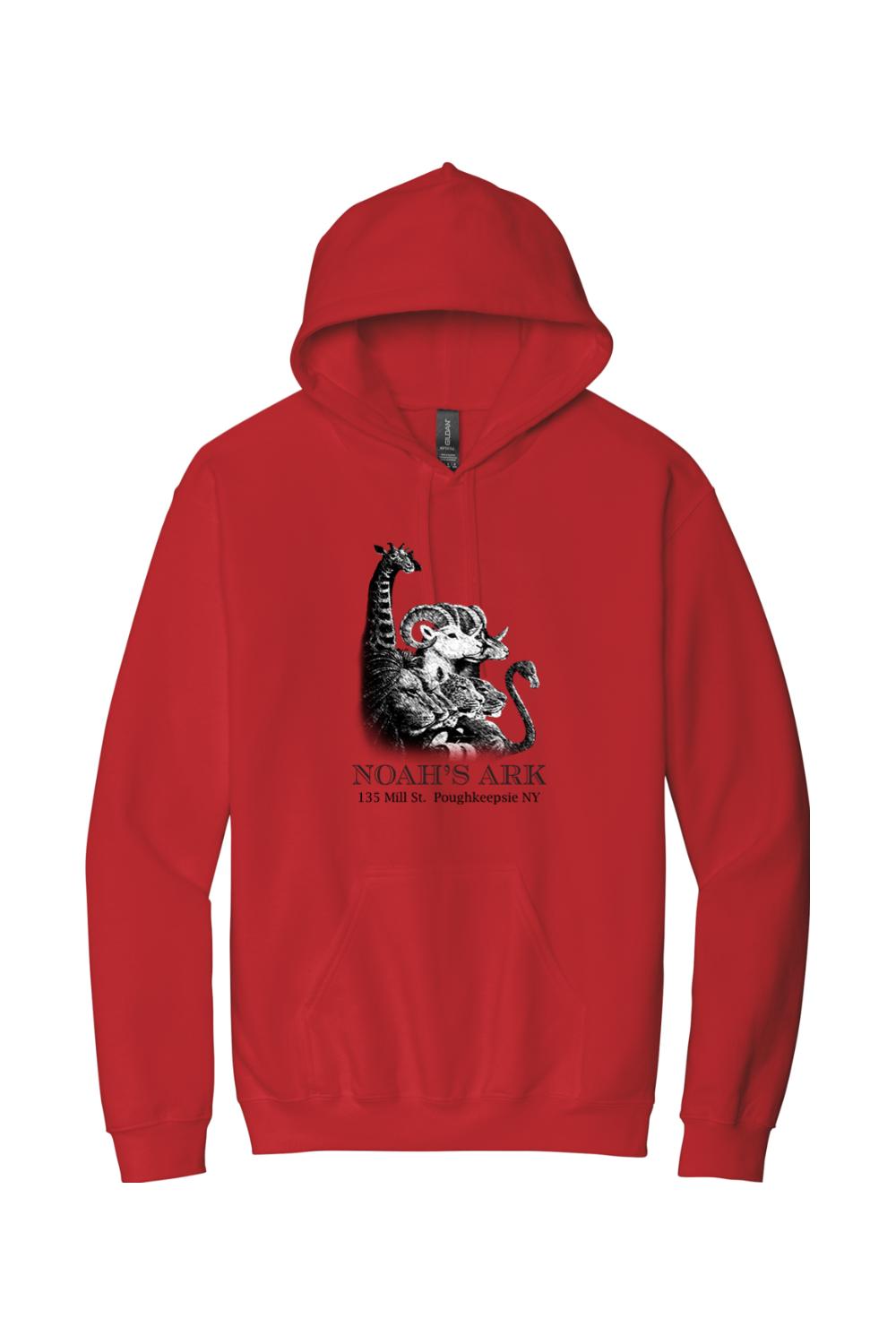 Red midweight hoodie featuring a black-and-white Noah's Ark animal logo graphic on the chest.