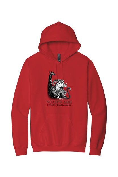 Red midweight hoodie featuring a black-and-white Noah's Ark animal logo graphic on the chest.
