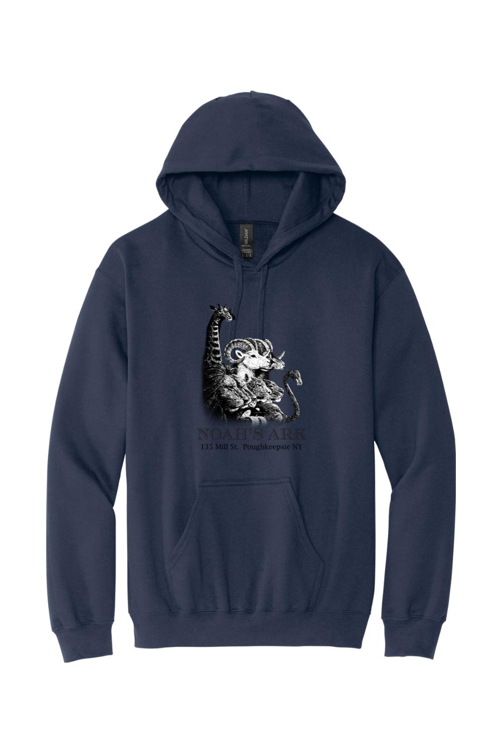 Black midweight hoodie featuring a Noah's Ark animal graphic and text on the front with a drawstring hood.