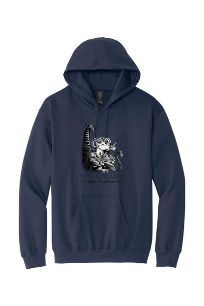 Black midweight hoodie featuring a Noah's Ark animal graphic and text on the front with a drawstring hood.