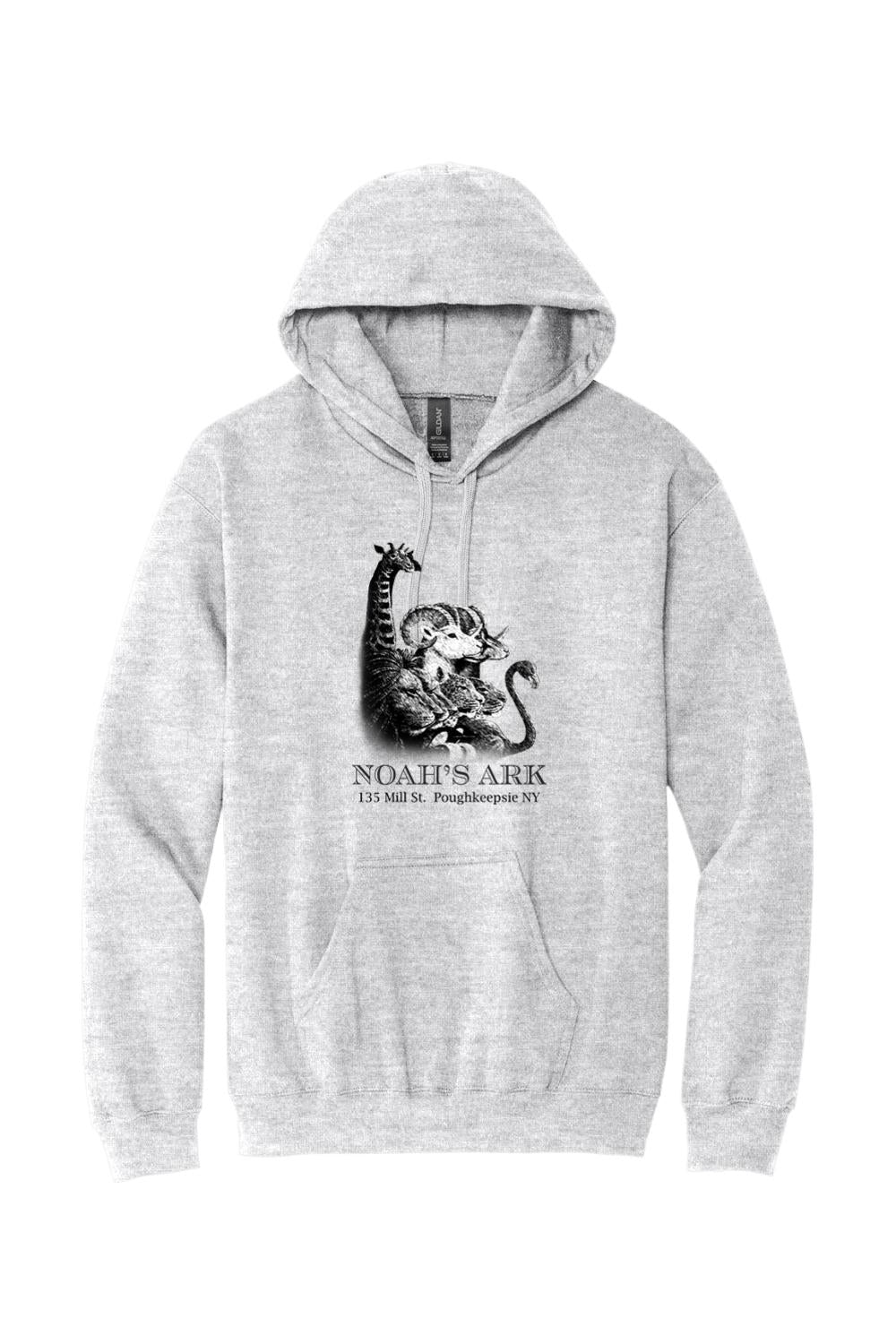 Grey midweight hoodie featuring a black Noah's Ark animal graphic and text on the front with a drawstring hood.