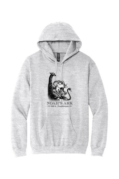 Grey midweight hoodie featuring a black Noah's Ark animal graphic and text on the front with a drawstring hood.