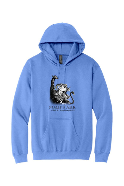 Blue midweight hoodie featuring a black Noah's Ark animal graphic and text on the front chest.