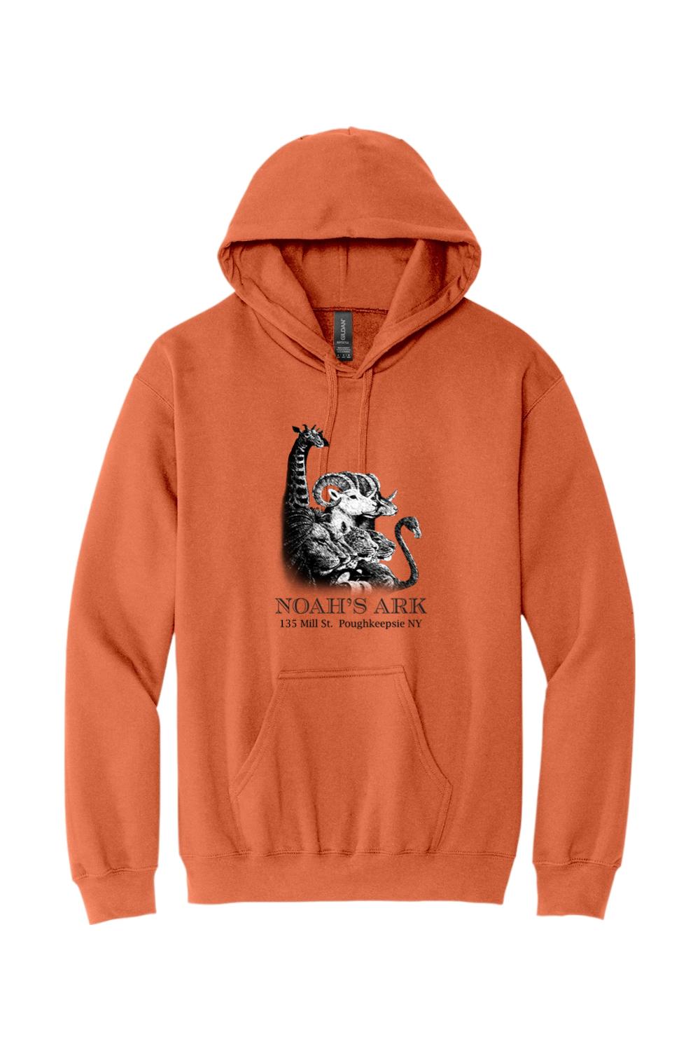 Burnt orange midweight hoodie featuring a black Noah's Ark animal graphic and text on the front chest.