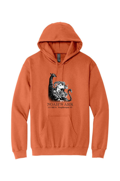 Burnt orange midweight hoodie featuring a black Noah's Ark animal graphic and text on the front chest.