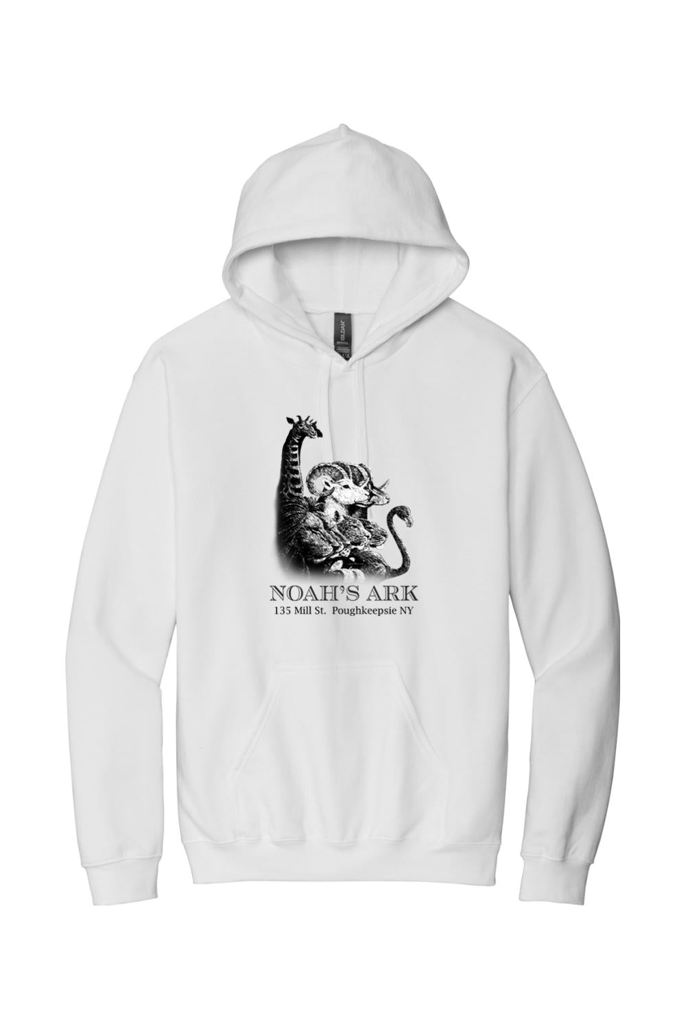 White midweight hoodie featuring a black Noah's Ark animal logo graphic on the chest with a drawstring hood.