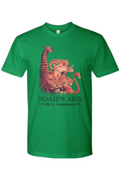 Green fitted crewneck tee featuring a Noah's Ark animal graphic and text on the front.