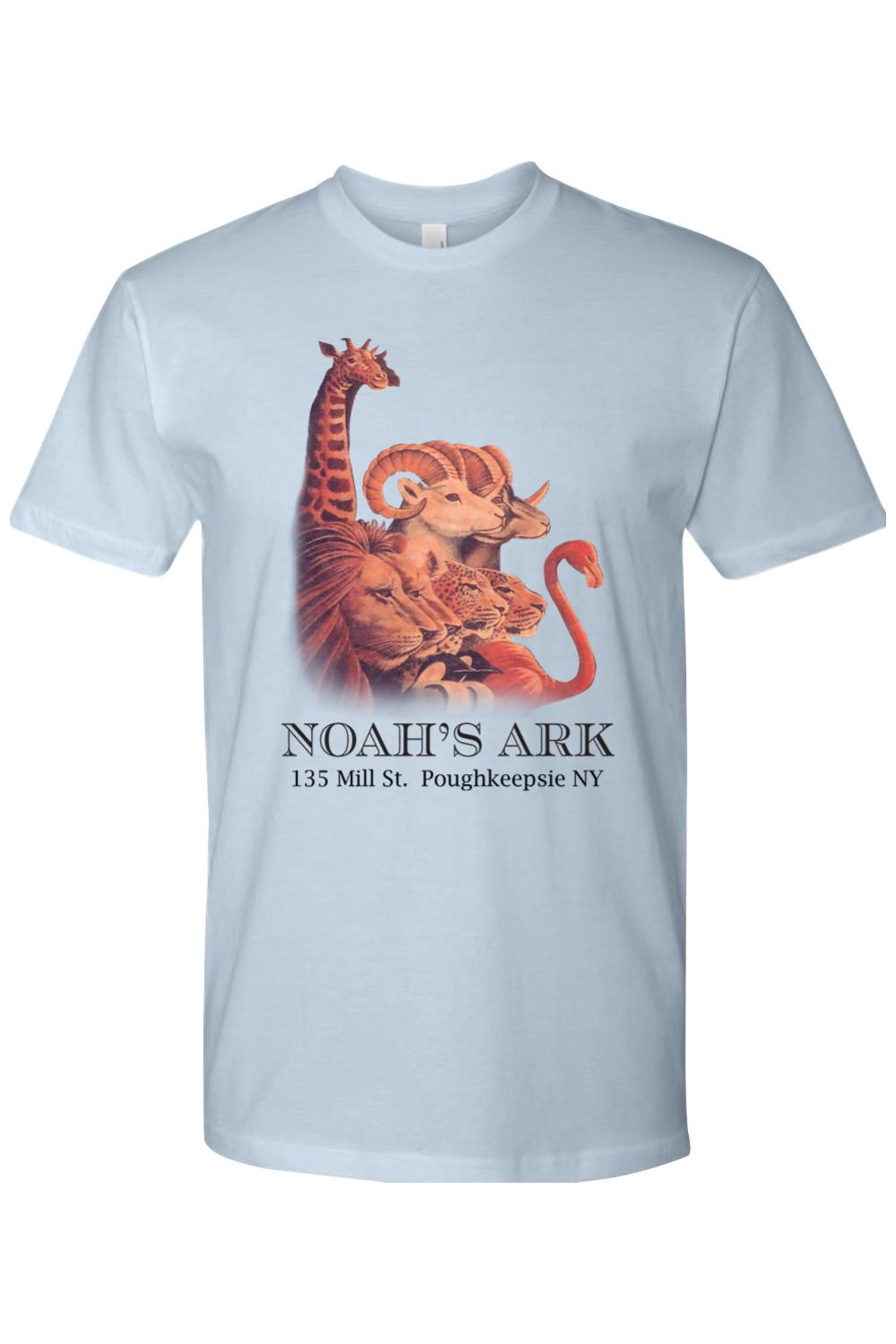 Light blue fitted crewneck tee featuring a colorful Noah's Ark animal graphic and text on the chest.