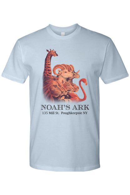 Light blue fitted crewneck tee featuring a colorful Noah's Ark animal graphic and text on the chest.