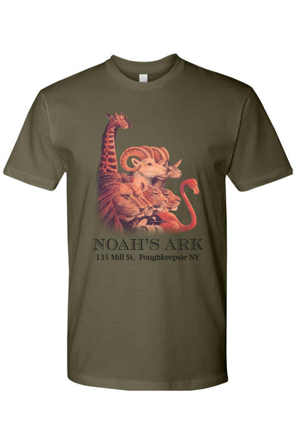 Olive green crewneck tee featuring a Noah's Ark animal graphic and text on the chest.