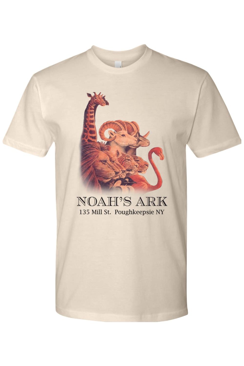 Cream-colored cotton crewneck tee featuring a colorful Noah's Ark animal graphic and text on the front.