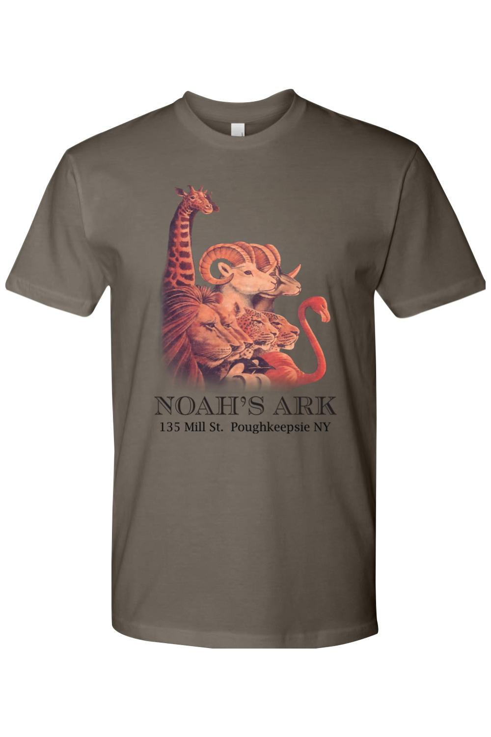Brown fitted crewneck tee featuring a Noah's Ark animal graphic and text on the front.