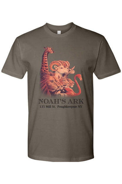 Brown fitted crewneck tee featuring a Noah's Ark animal graphic and text on the front.