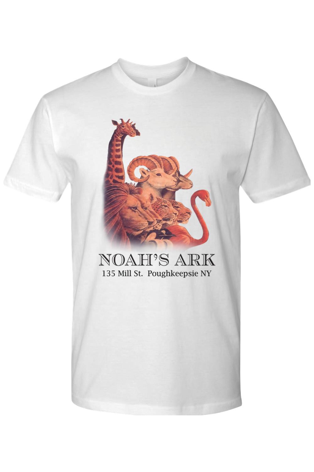 White fitted crewneck tee featuring a colorful Noah's Ark animal graphic and text on the front.