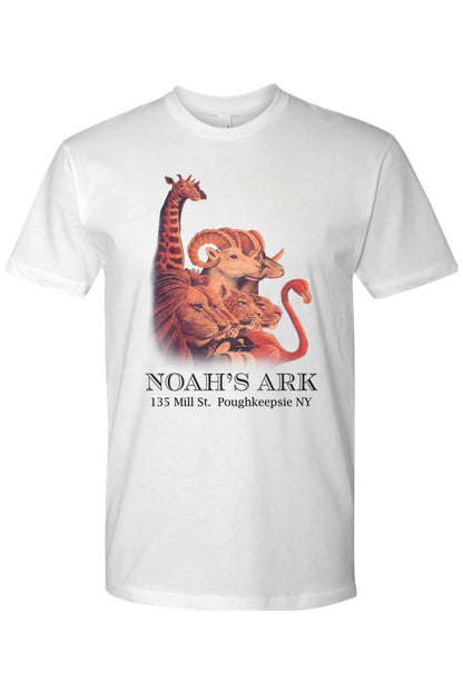 White fitted crewneck tee featuring a colorful Noah's Ark animal graphic and text on the front.