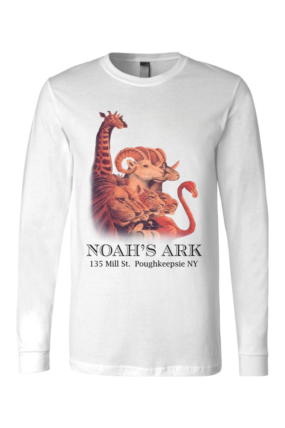 White long-sleeve cotton tee featuring a colorful Noah's Ark animal graphic and text on the front.