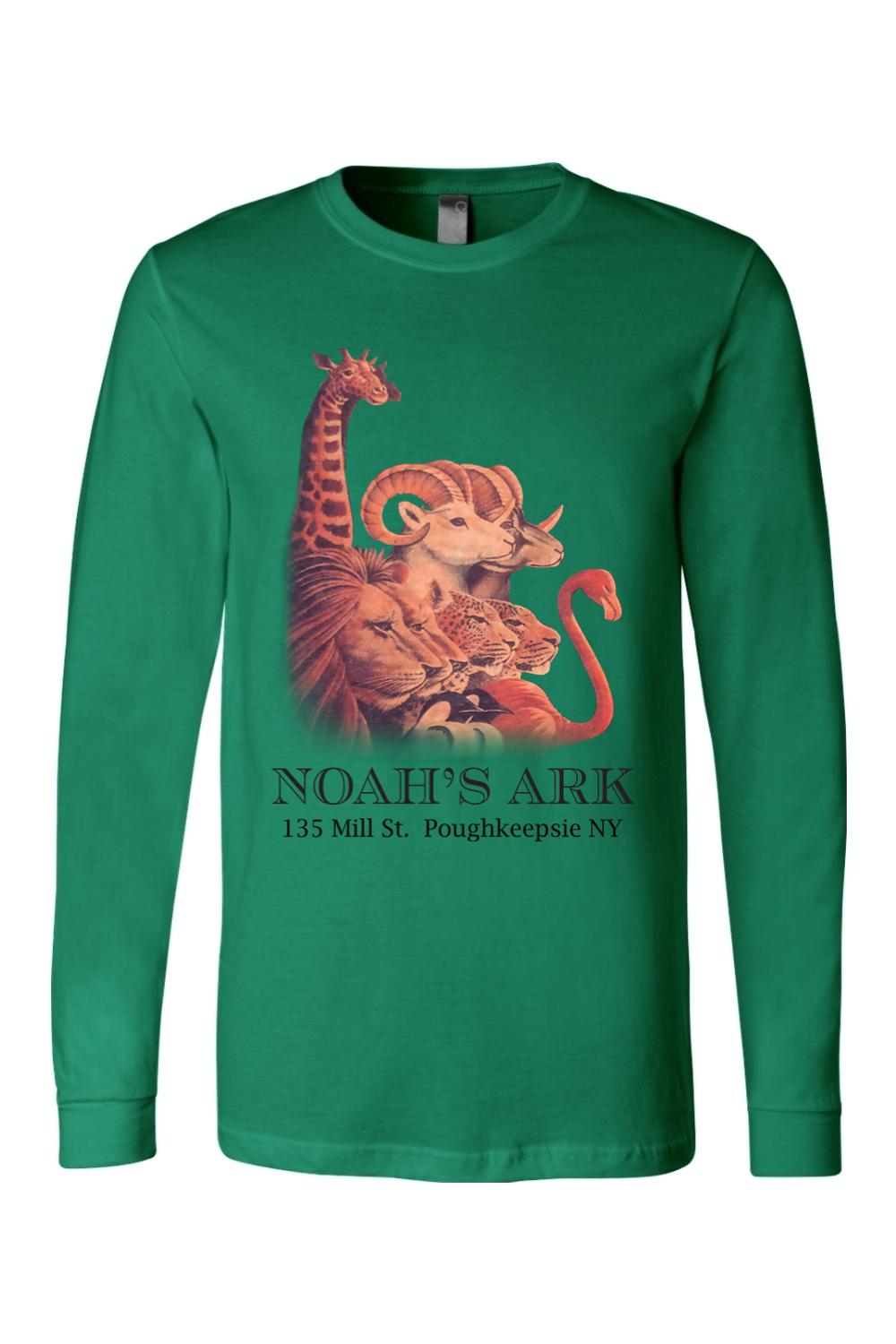 Green long-sleeve cotton tee featuring a colorful Noah's Ark animal graphic and Poughkeepsie NY text.