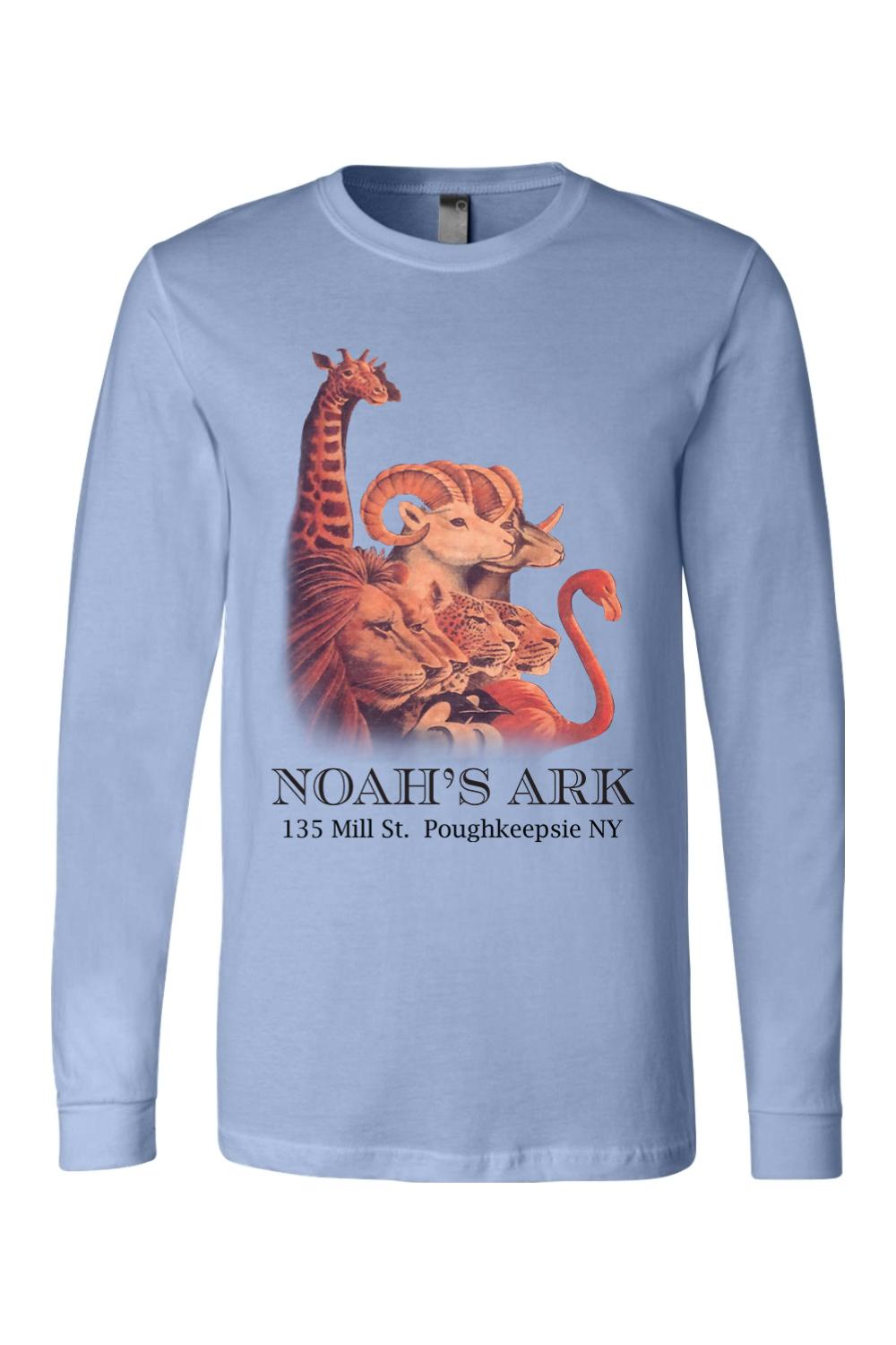 Light blue long-sleeve cotton tee featuring a colorful Noah's Ark animal graphic and Poughkeepsie, NY text.