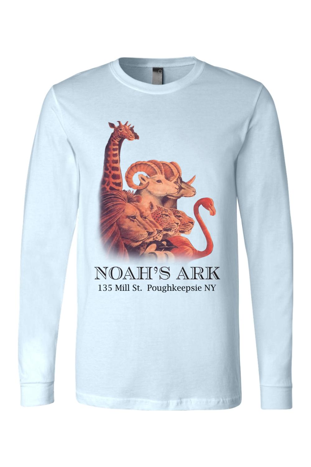 Light blue long-sleeve cotton tee featuring a colorful Noah's Ark animal graphic and text on the front.